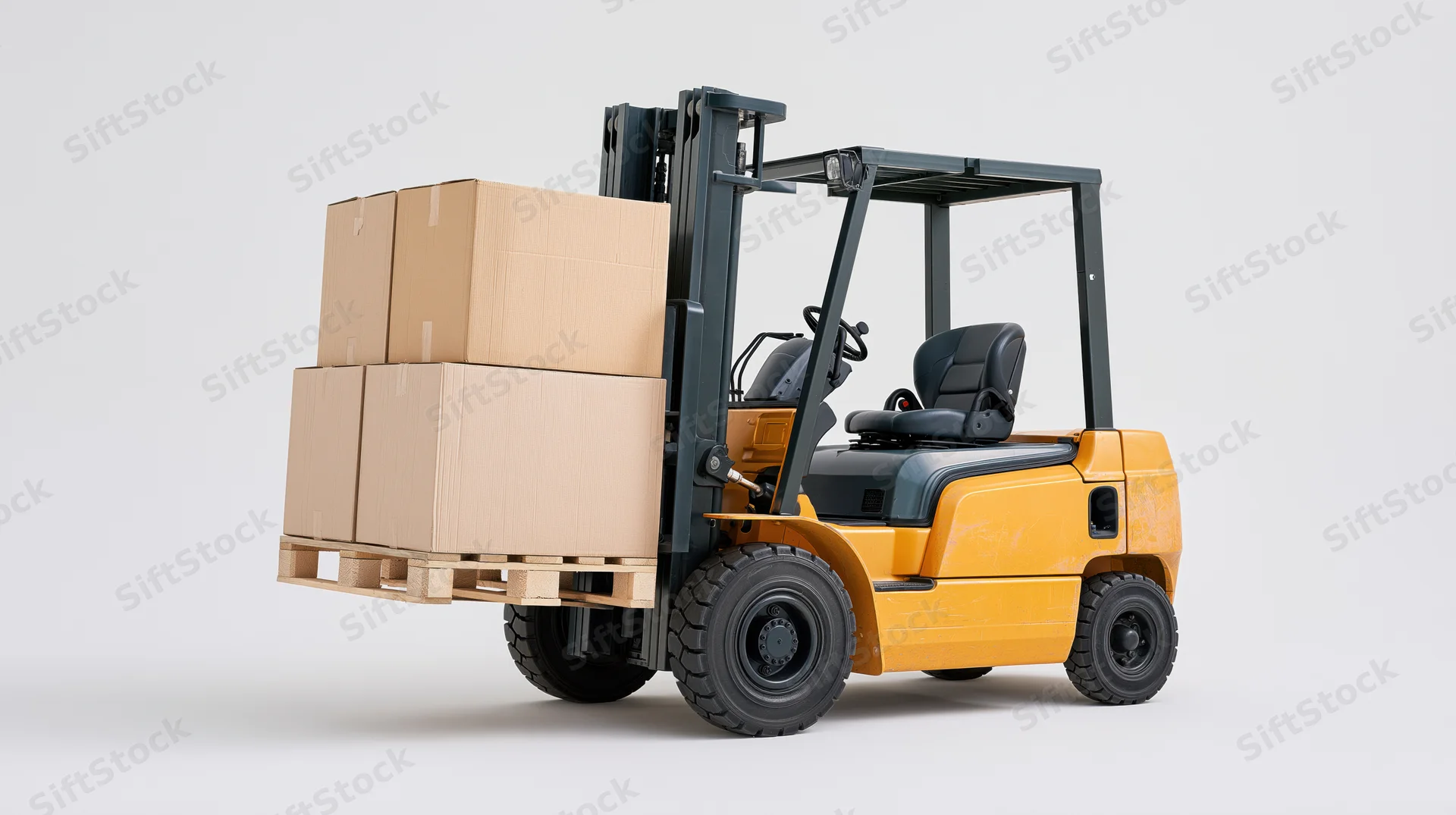 Yellow industrial forklift lifting a wooden pallet stacked with cardboard boxes against a plain white background