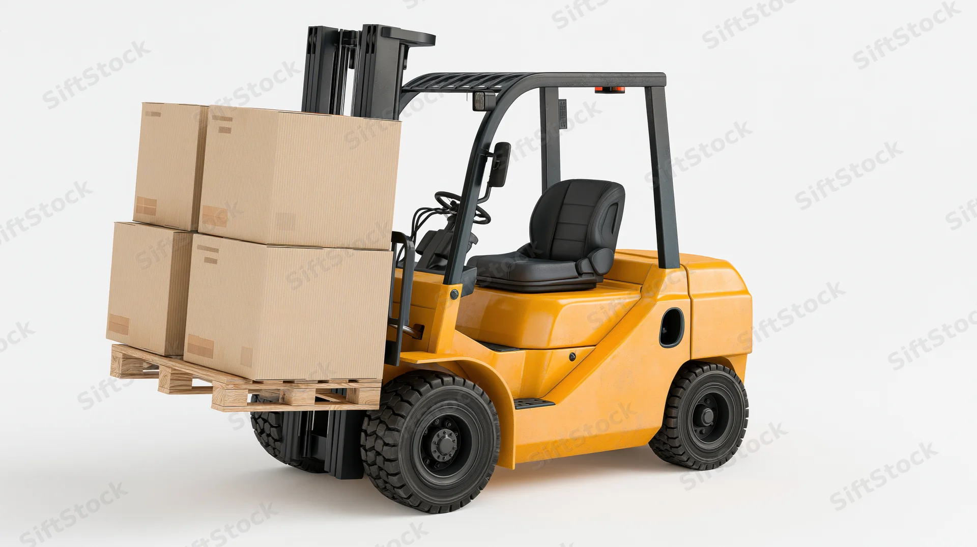 Yellow industrial forklift lifting a wooden pallet stacked with cardboard boxes on a white background