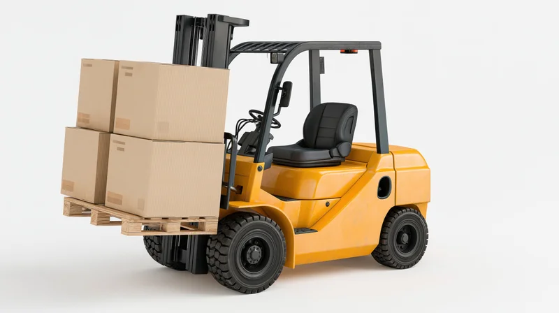 Yellow industrial forklift lifting a wooden pallet stacked with cardboard boxes on a white background