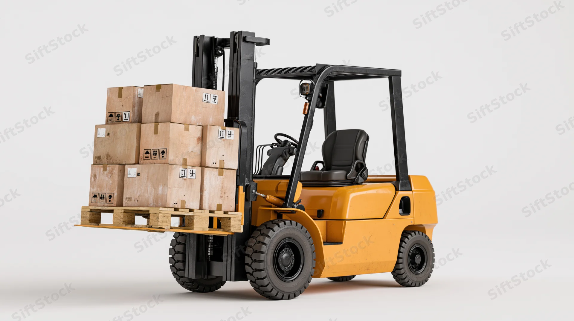 Yellow industrial forklift carrying stacked cardboard boxes on wooden pallet against white background