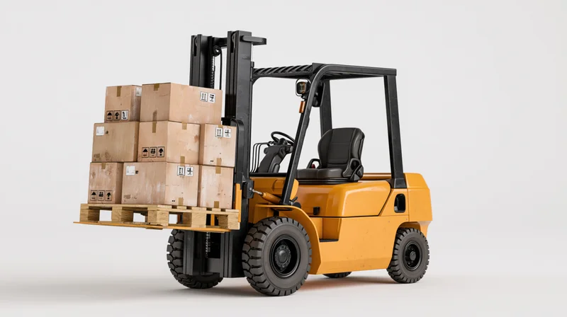 Yellow industrial forklift carrying stacked cardboard boxes on wooden pallet against white background