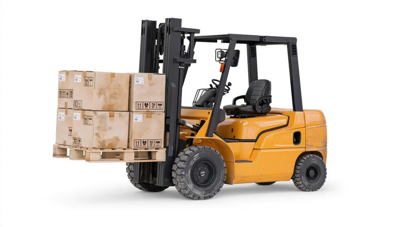Yellow industrial forklift carrying stacked cardboard boxes on wooden pallet against white background