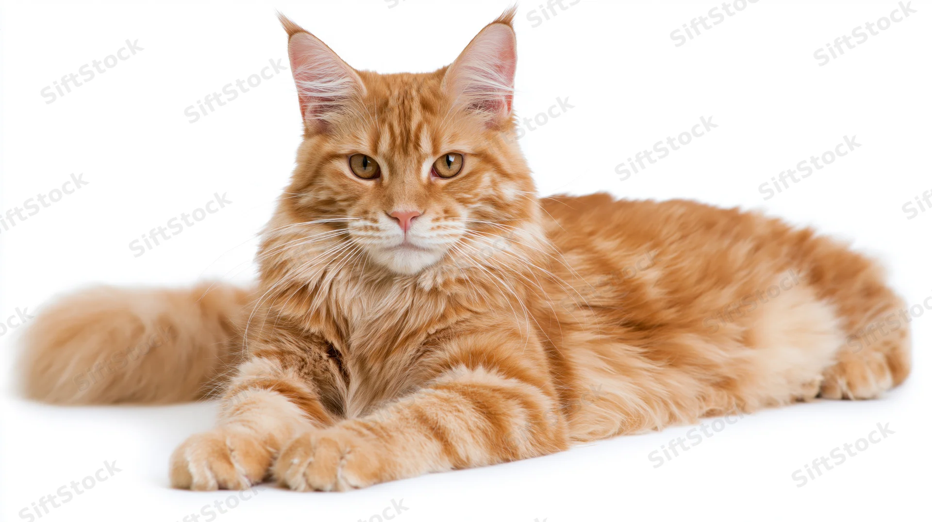 Young red tabby maine coon cat lying down facing camera on white background