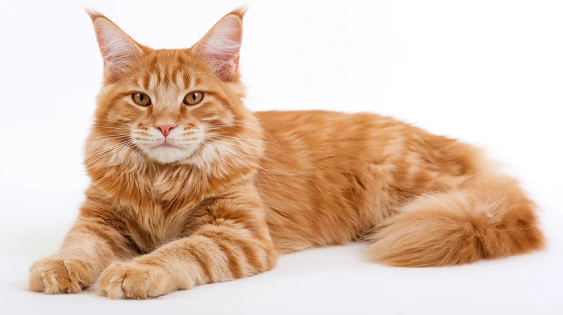 Young red tabby maine coon cat lying down facing camera on white background