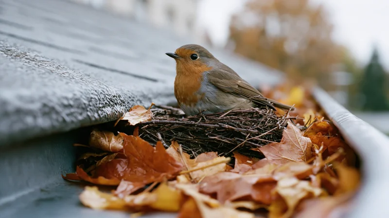 European robin perched in twig nest inside rain gutter surrounded by fallen autumn leaves