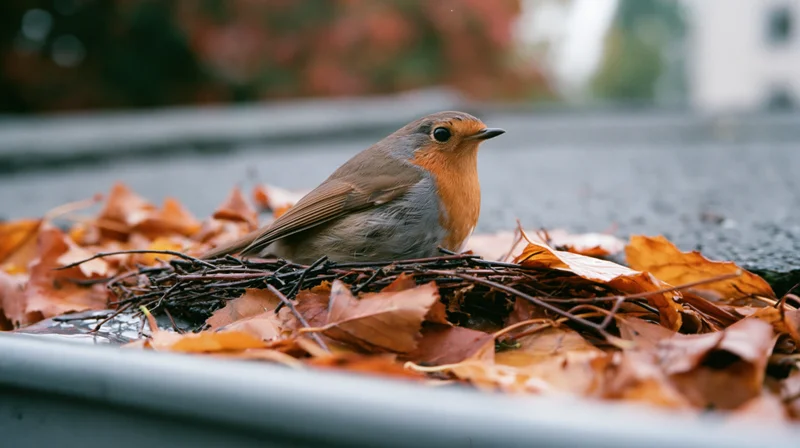 European robin perched in twig nest among fallen leaves on a roof