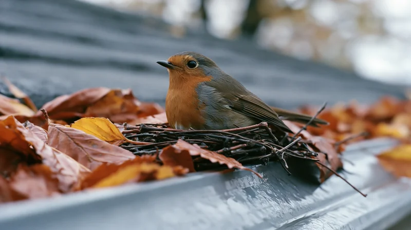 European robin perched in twig nest on roof gutter surrounded by autumn leaves