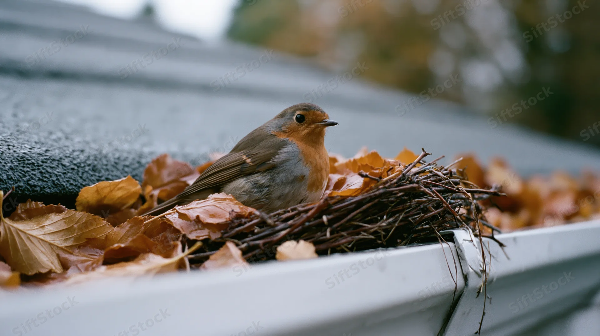 European robin perched in twig nest inside white gutter on house roof surrounded by autumn leaves