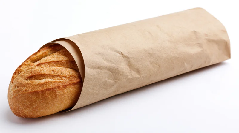 French baguette partially wrapped in kraft paper bag on white background