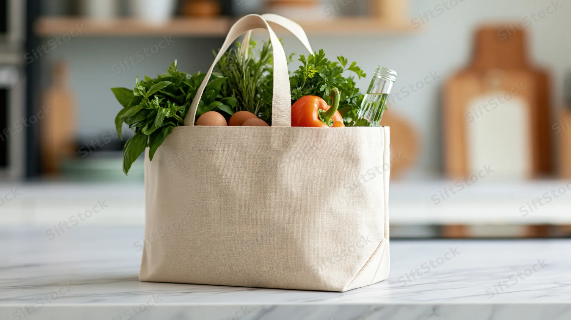 Beige canvas tote bag filled with fresh vegetables and herbs on a marble kitchen countertop