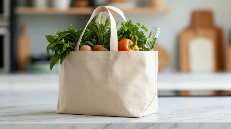 Beige canvas tote bag filled with fresh vegetables and herbs on a marble kitchen countertop
