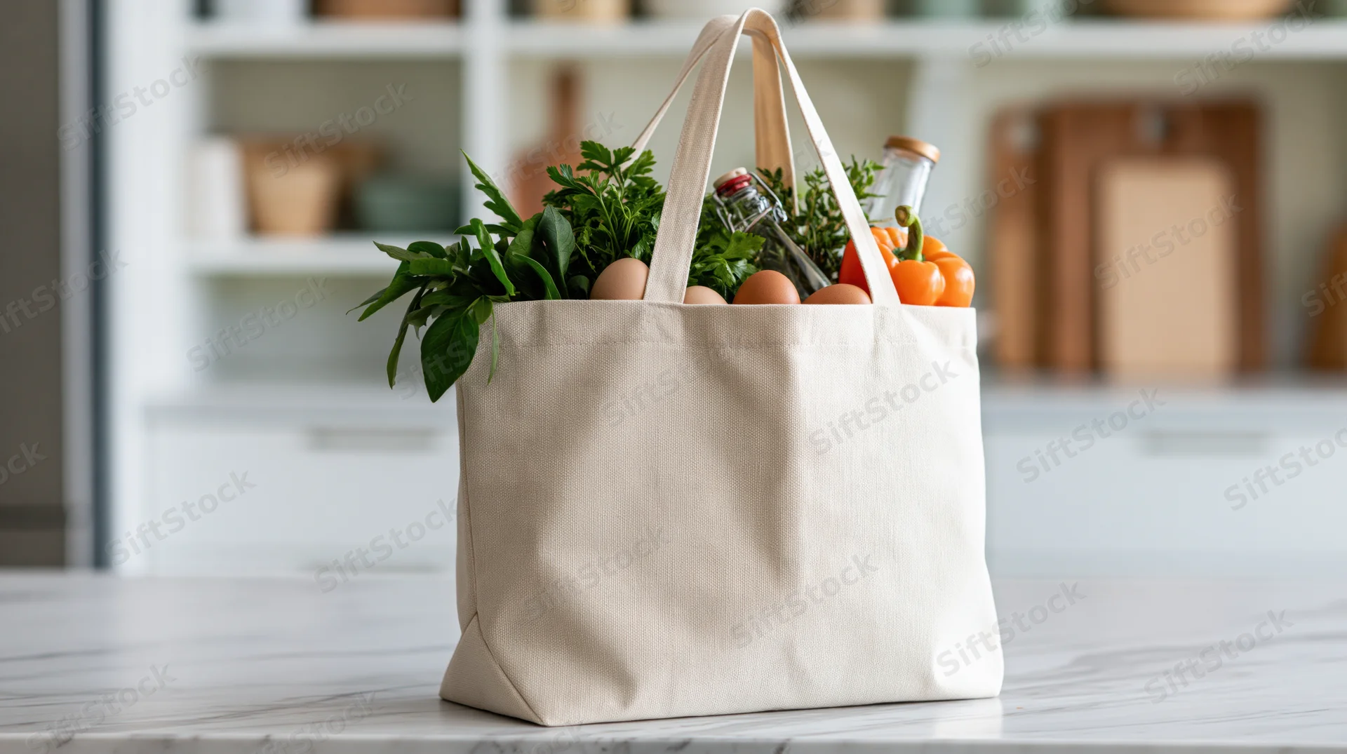 Beige canvas tote bag filled with fresh groceries on kitchen countertop