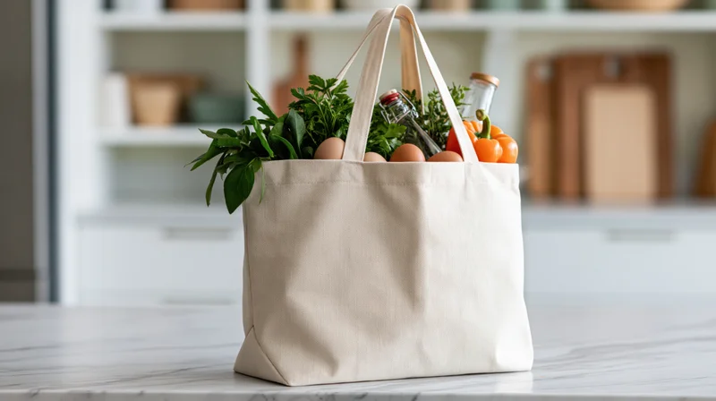 Beige canvas tote bag filled with fresh groceries on kitchen countertop