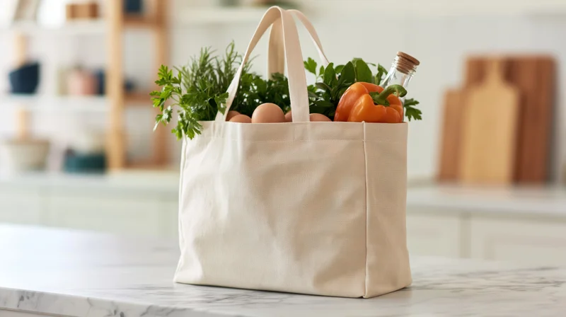 Beige canvas tote bag filled with fresh vegetables and herbs on a marble kitchen countertop