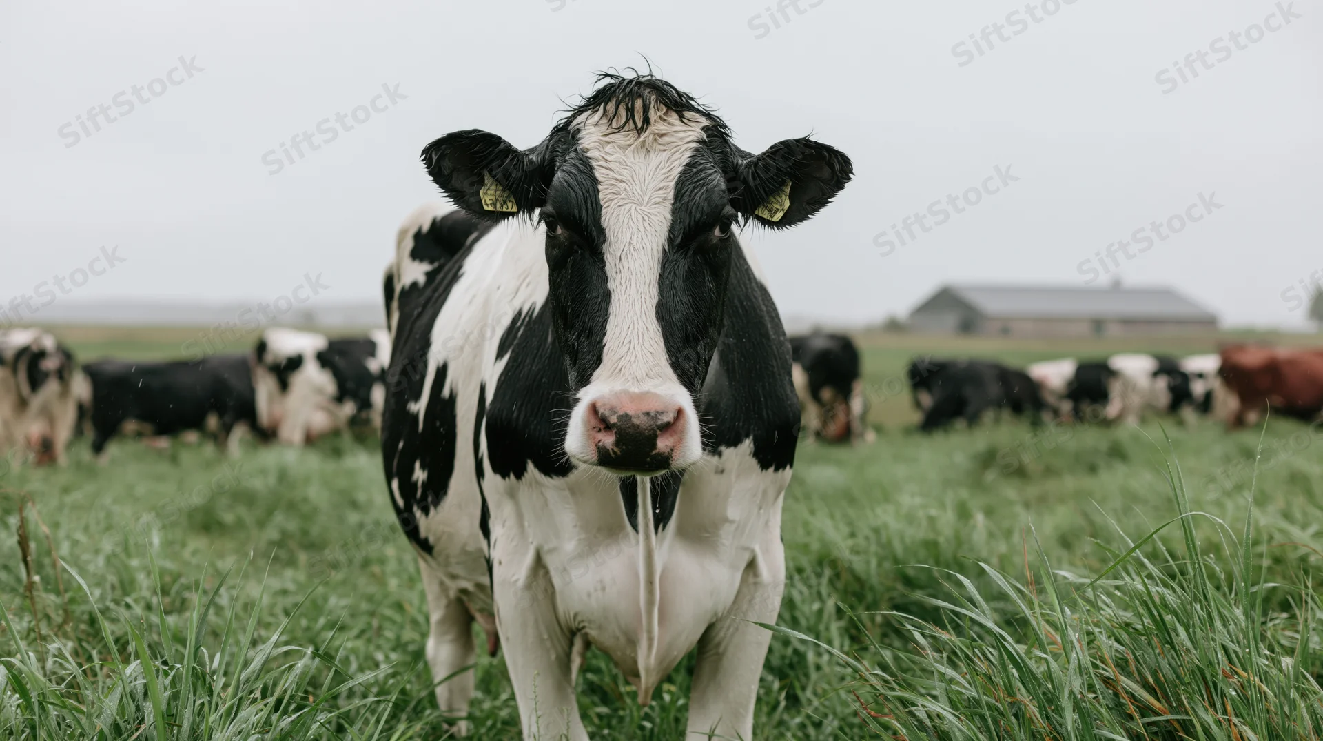Black-and-white holstein cow standing in wet green pasture with herd and barn in background