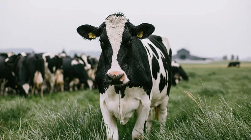 Holstein cow standing in a grassy pasture with a herd behind it near a barn