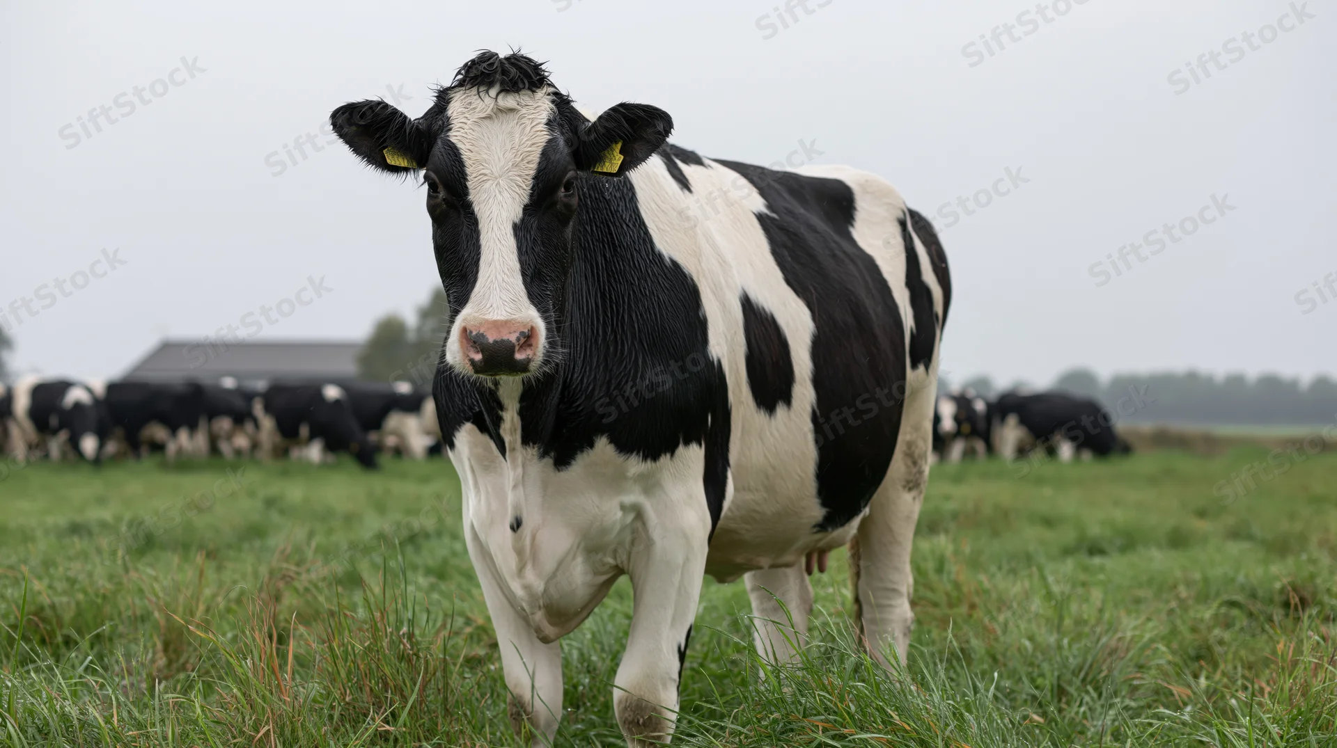 Holstein cow standing in wet green pasture with herd in background