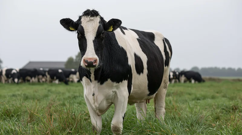 Holstein cow standing in wet green pasture with herd in background