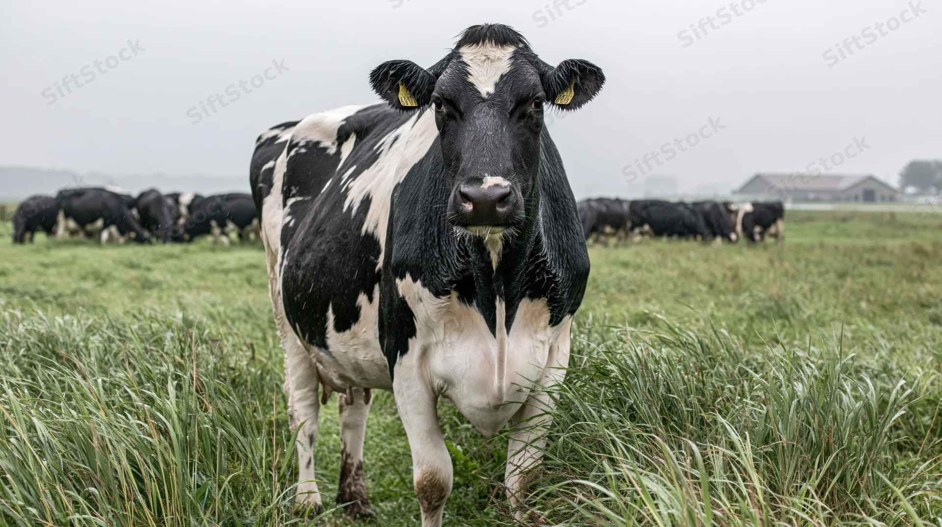 Holstein cow standing in a wet green pasture with herd and barn in background