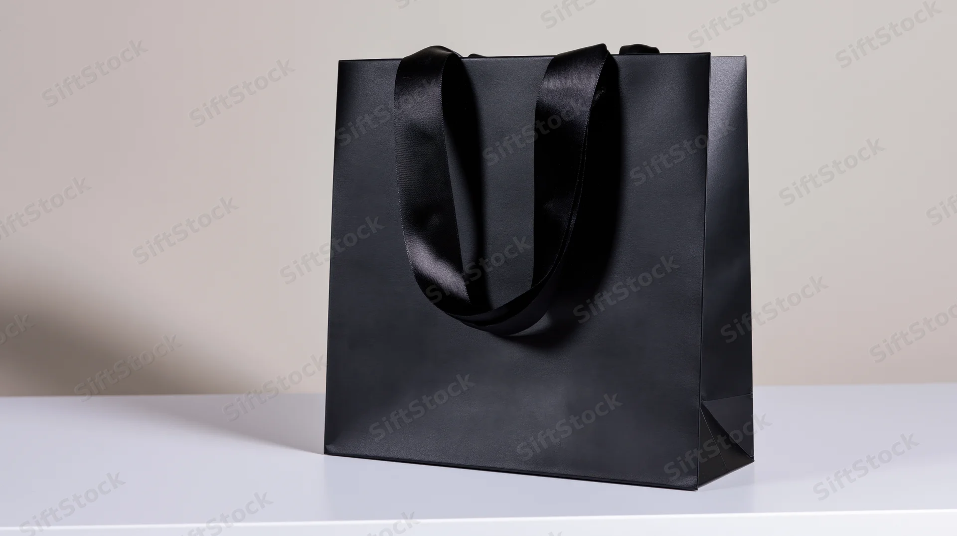 Black glossy paper shopping bag with ribbon handles on white surface