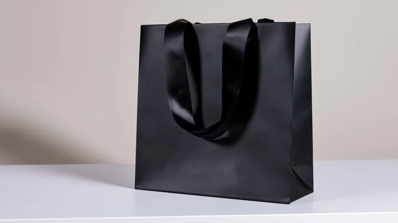 Black glossy paper shopping bag with ribbon handles on white surface