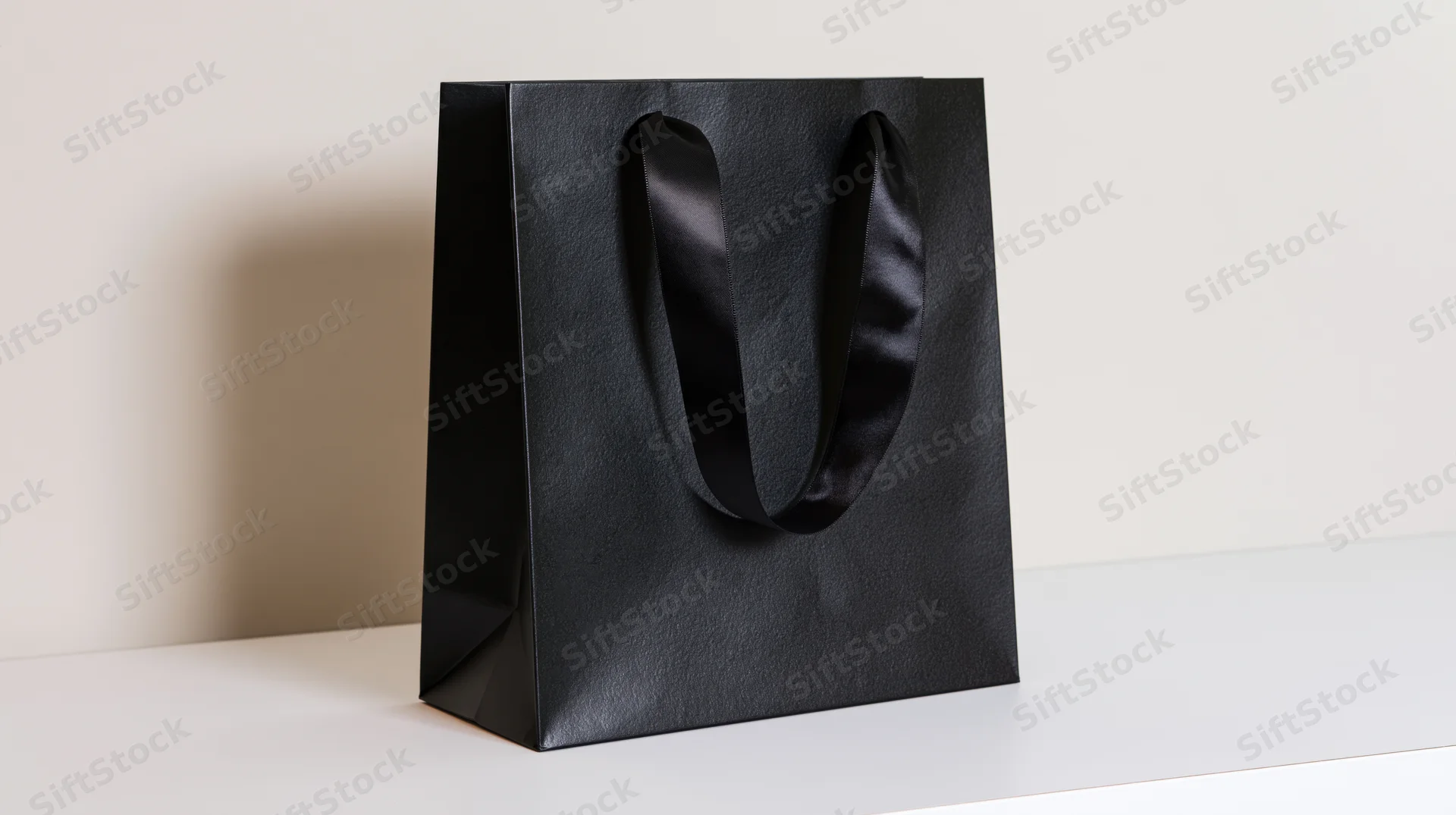 Black glossy paper shopping bag with ribbon handles on white surface