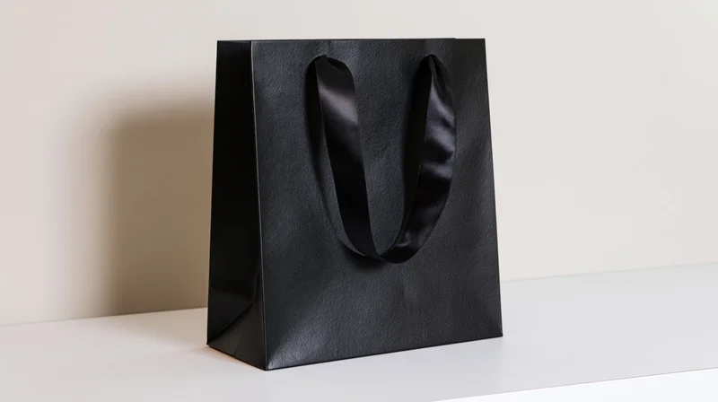 Black glossy paper shopping bag with ribbon handles on white surface