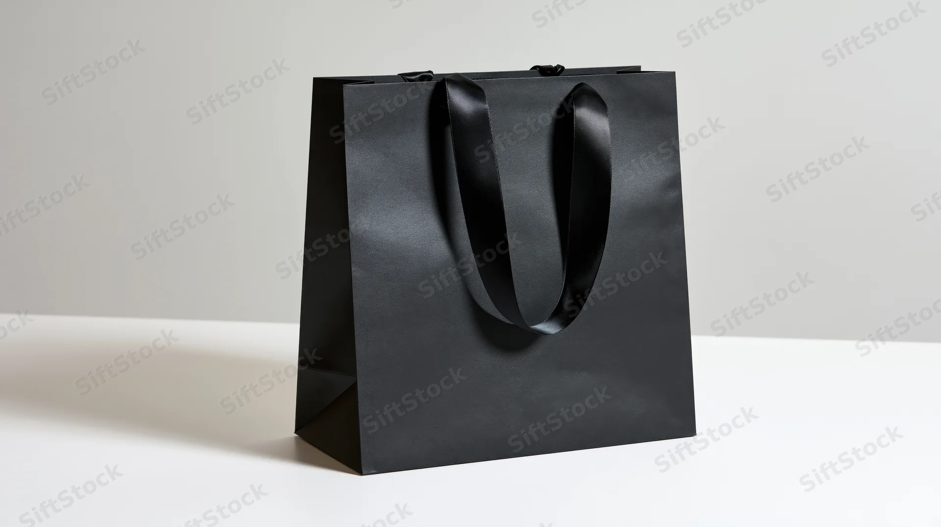 Black glossy paper shopping bag with ribbon handles on white surface