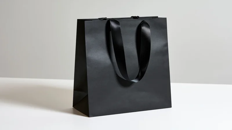 Black glossy paper shopping bag with ribbon handles on white surface