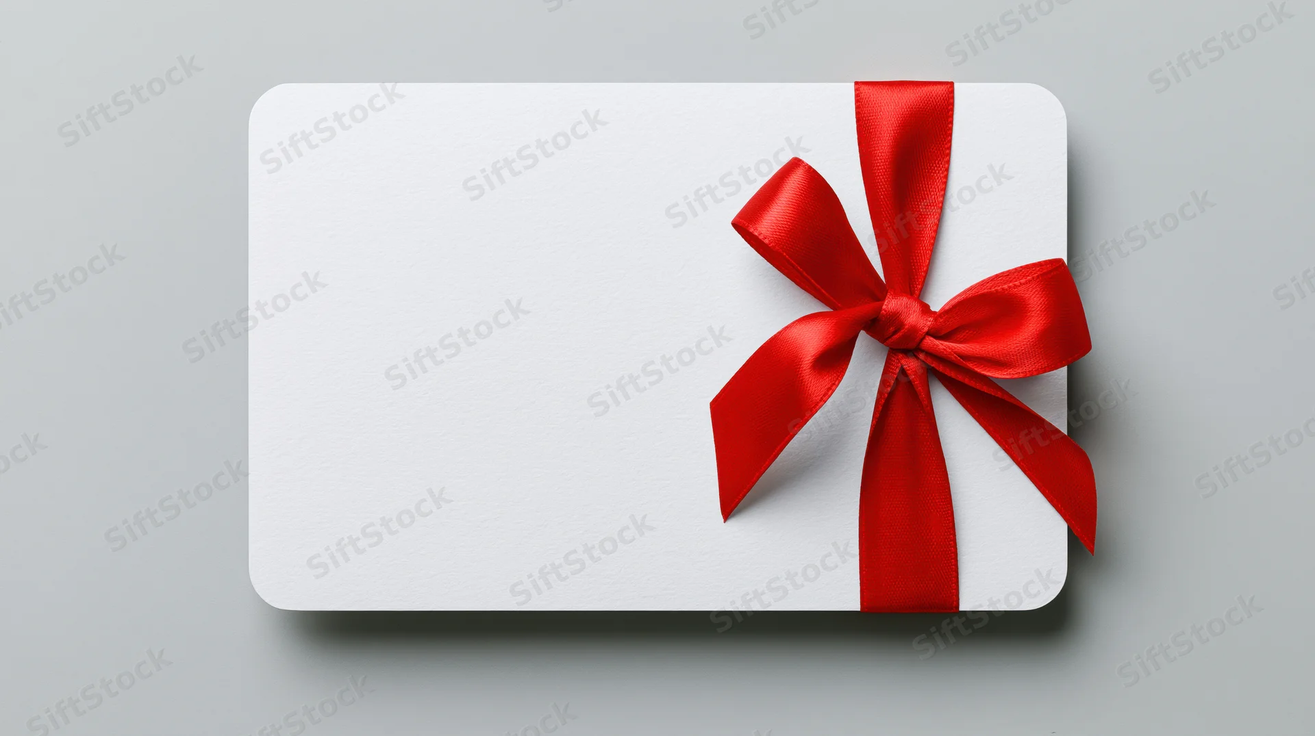 Blank white gift card with red ribbon bow on gray surface