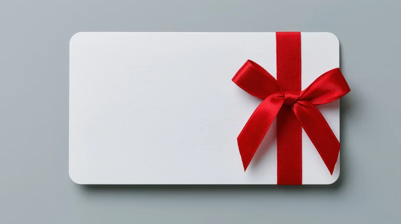 White gift card with red ribbon bow lying flat on gray surface