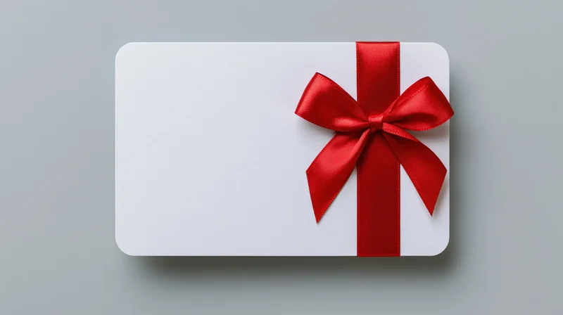 White gift card with red ribbon bow lying flat on gray surface