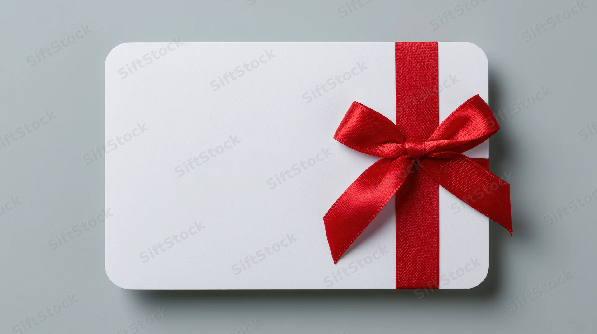 Blank white gift card with red ribbon bow lying flat on gray surface