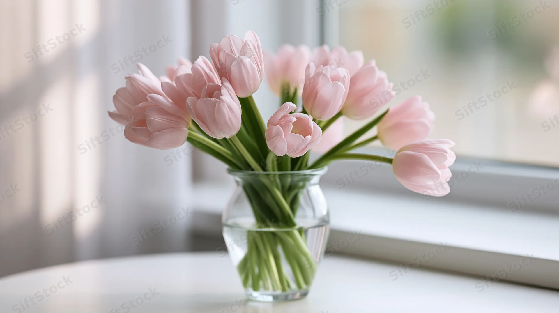 Pale pink tulips in a glass vase on a white table by a window