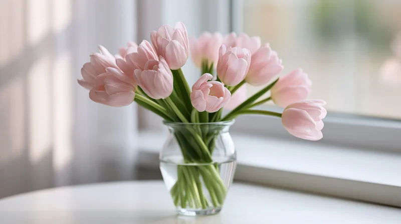 Pale pink tulips in a glass vase on a white table by a window