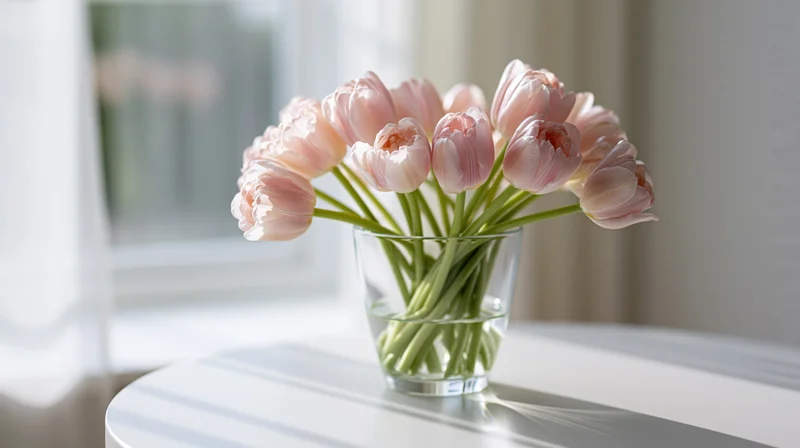 Pale pink tulips in a glass vase on a white table by a window