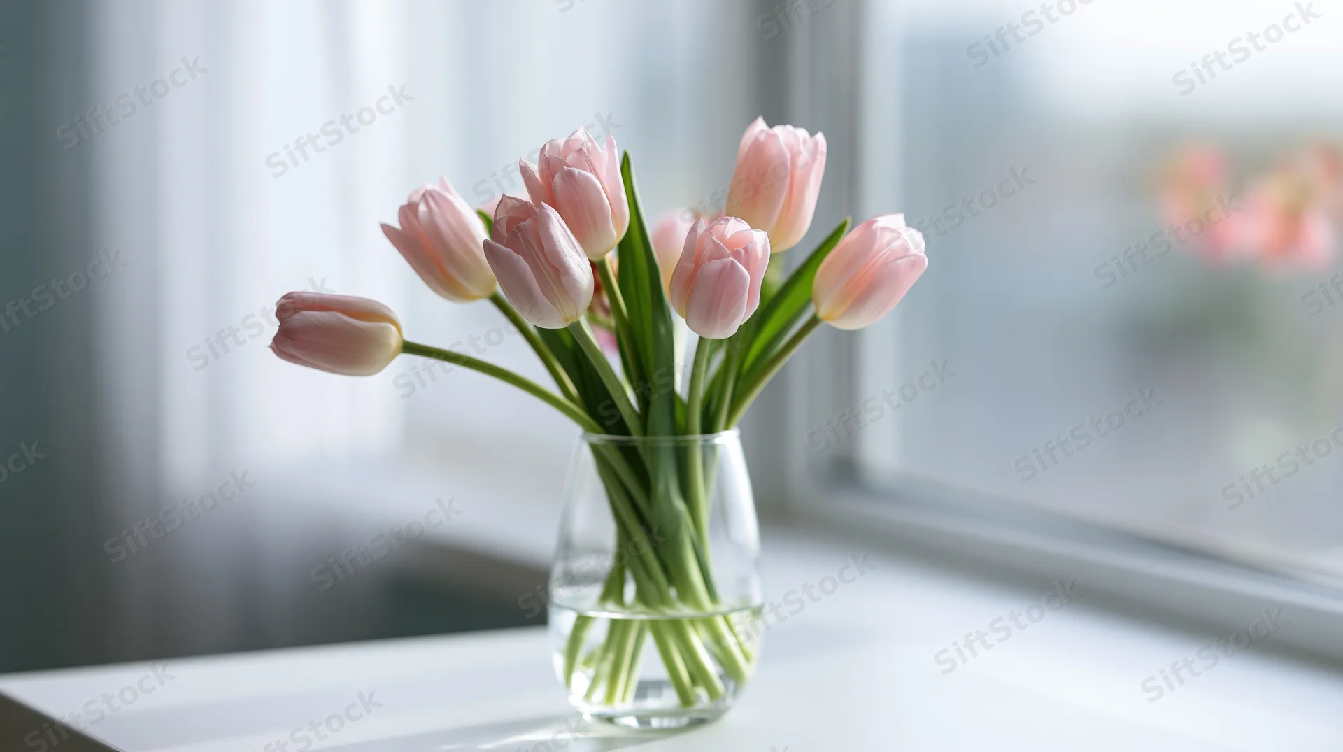 Pale pink tulips in a glass vase on a windowsill with natural light