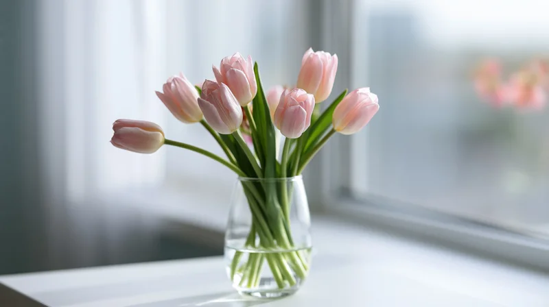 Pale pink tulips in a glass vase on a windowsill with natural light