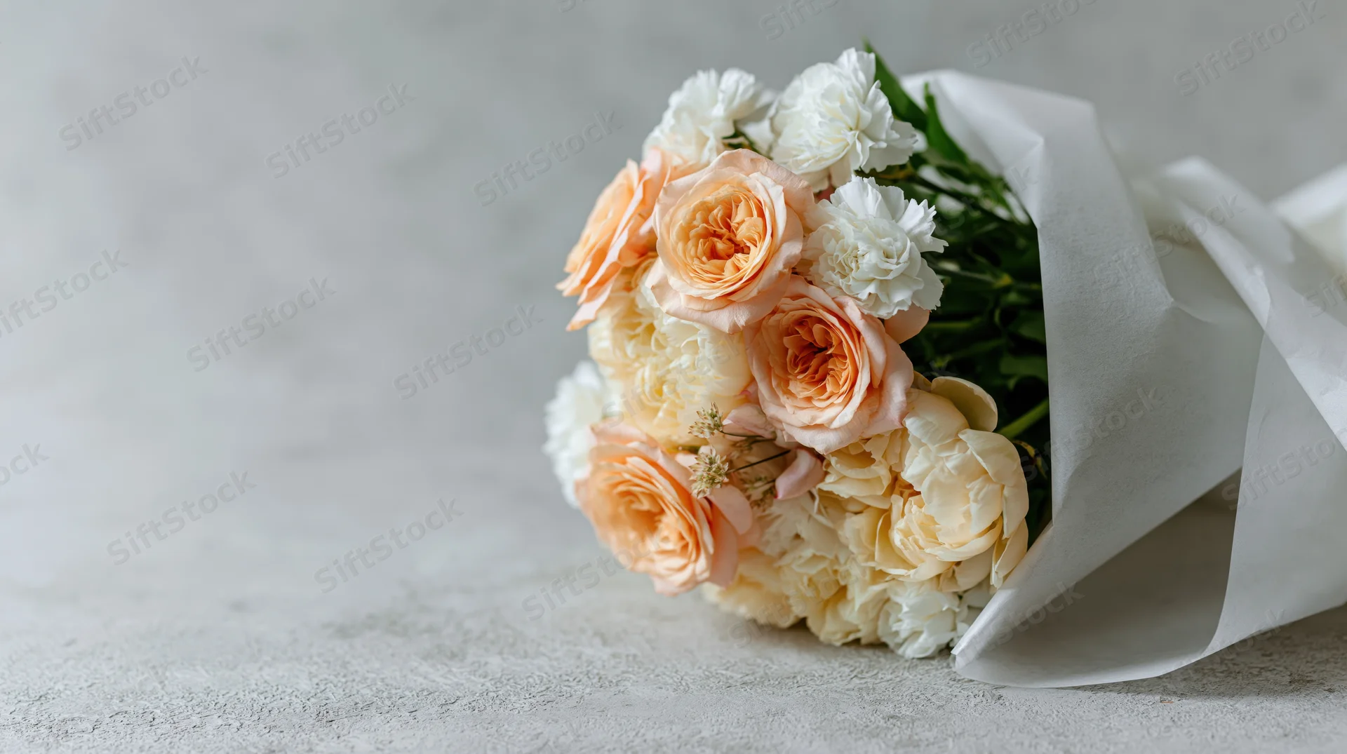 Bouquet of peach roses, cream peonies and white carnations wrapped in paper on a light surface