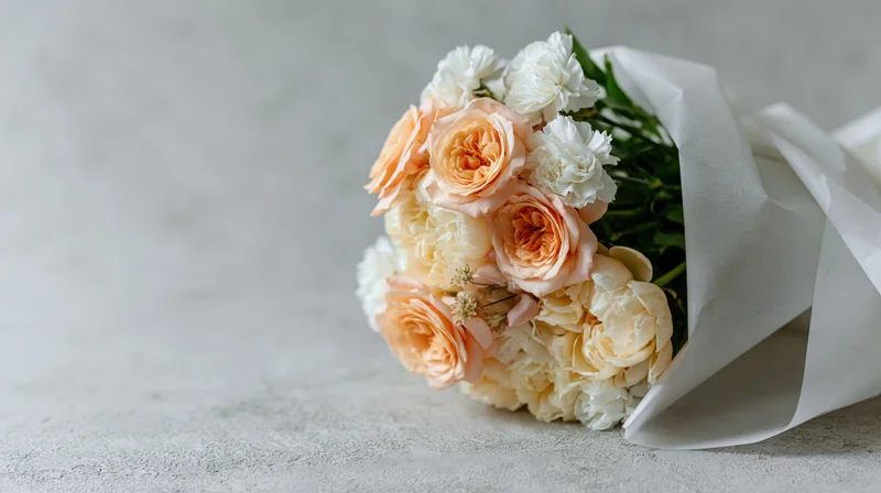 Bouquet of peach roses, cream peonies and white carnations wrapped in paper on a light surface