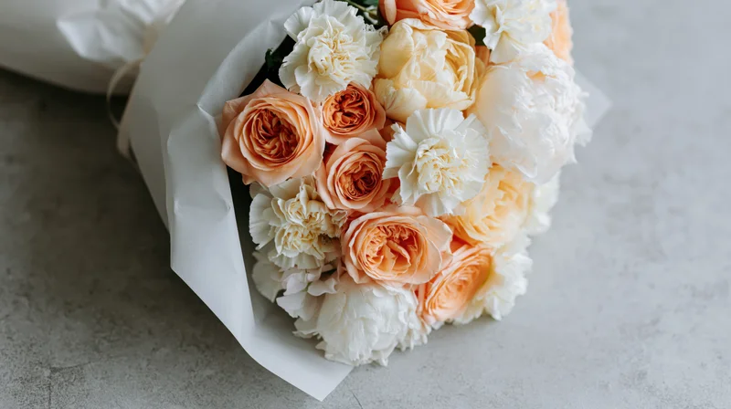 Bouquet of peach roses and cream peonies wrapped in white paper on gray surface