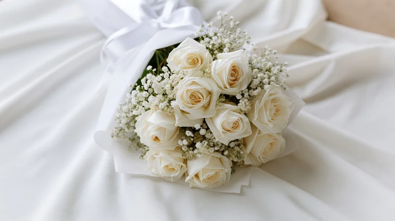 Bridal bouquet of white roses and baby's breath wrapped in satin ribbon on draped fabric