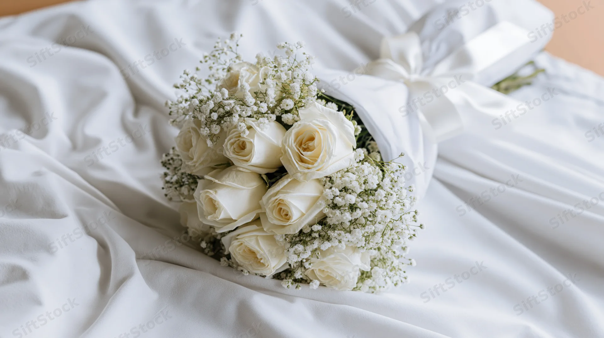 White rose and baby's breath bouquet wrapped in satin ribbon resting on draped fabric