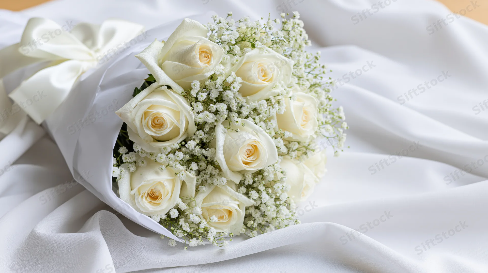 White rose bouquet with baby's breath wrapped in satin ribbon on draped fabric
