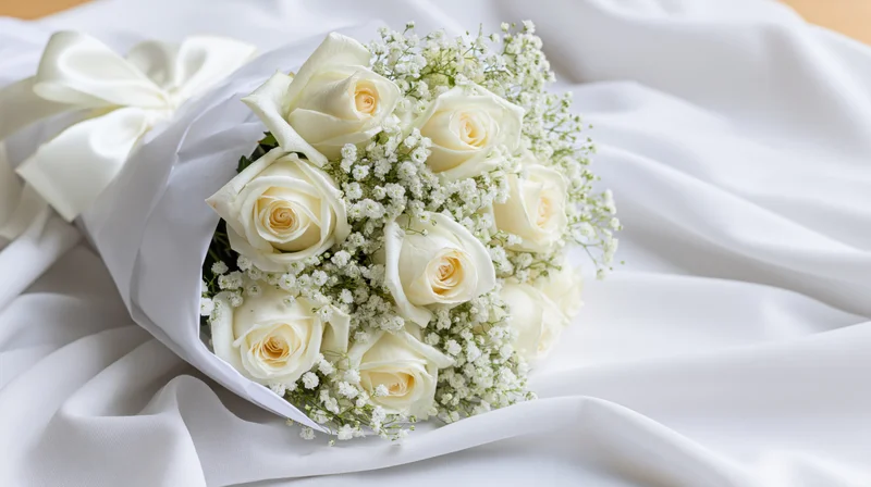 White rose bouquet with baby's breath wrapped in satin ribbon on draped fabric