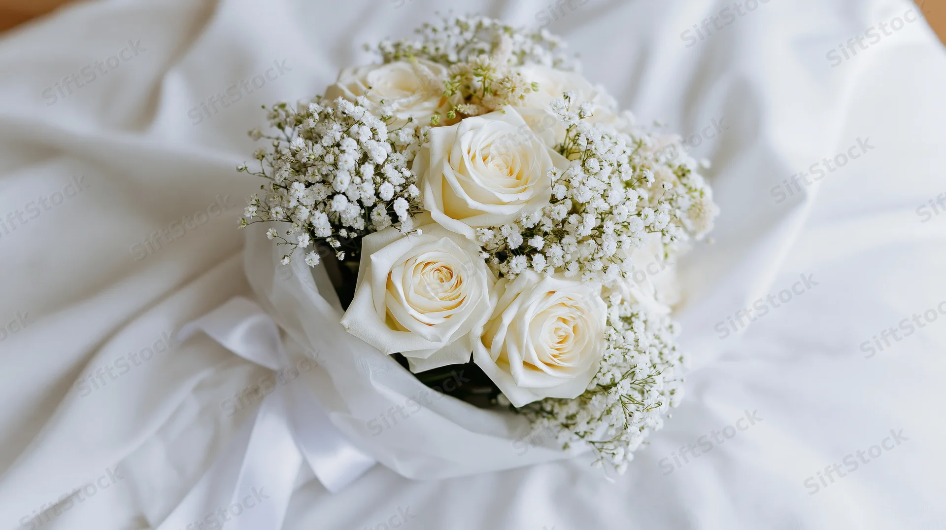 White roses and baby's breath bouquet wrapped in white fabric on a draped surface