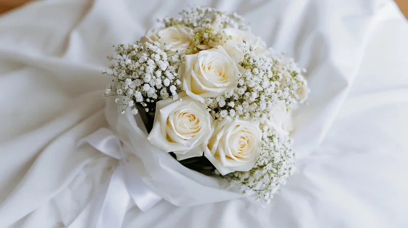 White roses and baby's breath bouquet wrapped in white fabric on a draped surface