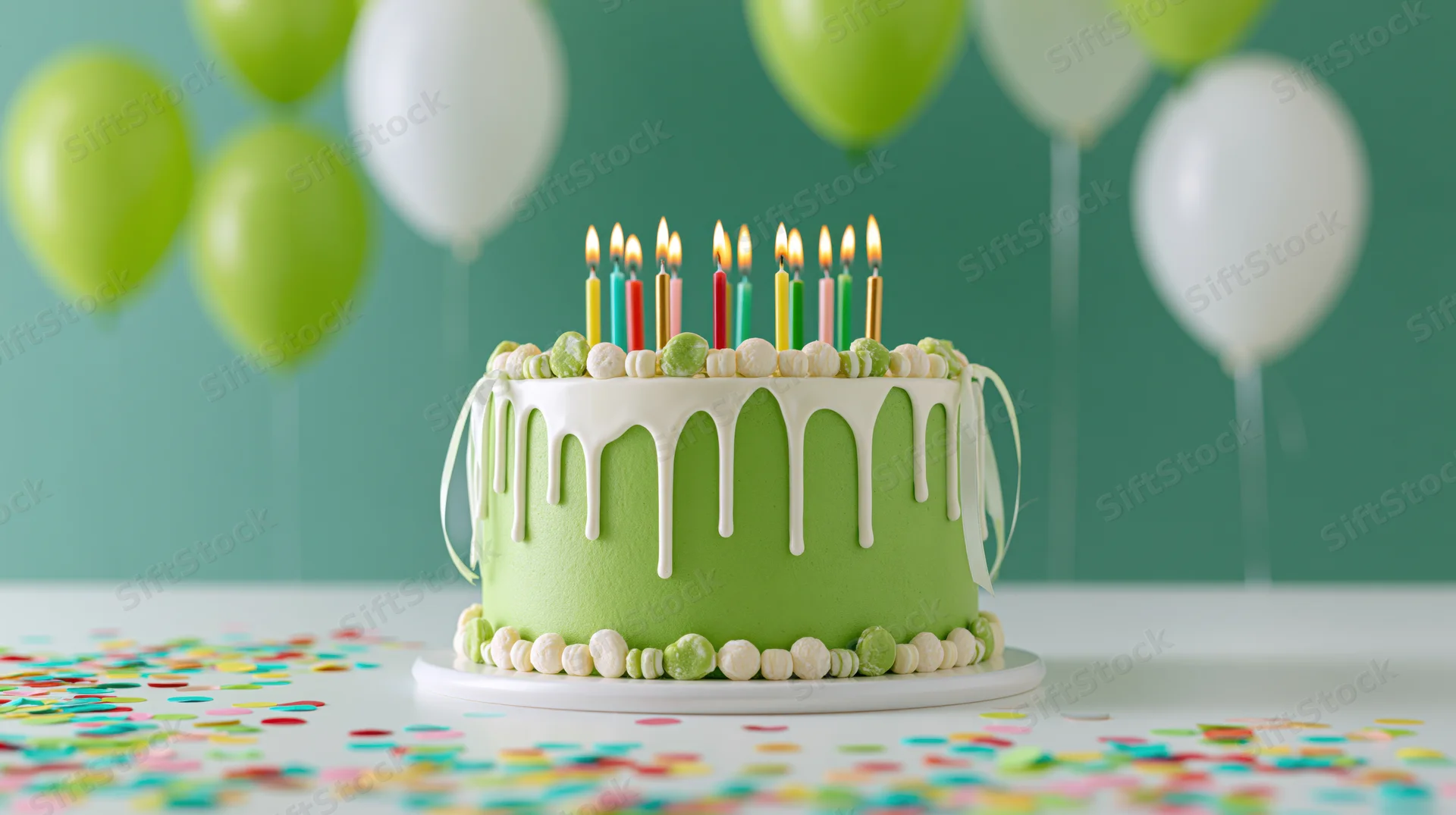 Green frosted birthday cake with lit candles on white table surrounded by balloons and confetti