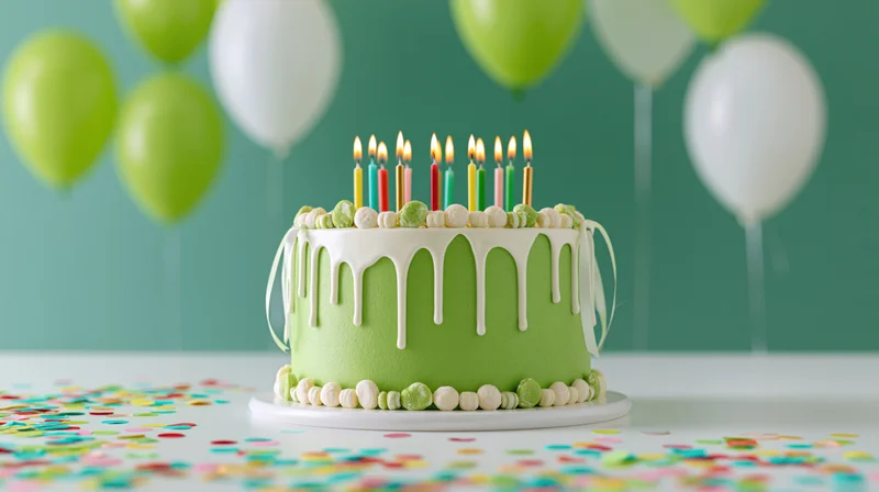 Green frosted birthday cake with lit candles on white table surrounded by balloons and confetti