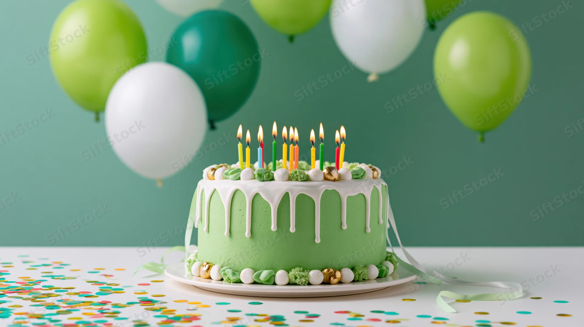 Green frosted birthday cake with lit candles on a table surrounded by balloons and confetti